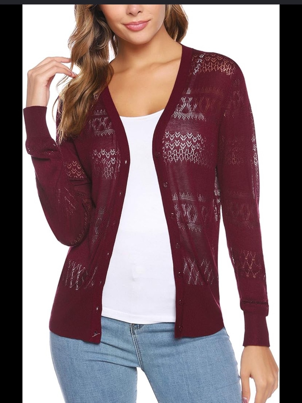 a new day Burgundy Openwork Button-Front Cardigan